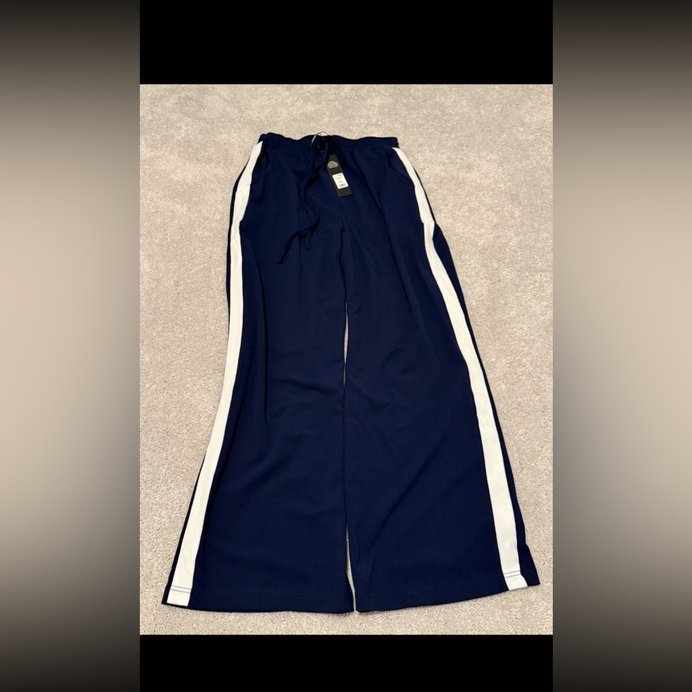 Fashion Nova Navy Blue Track Pants with White Stripes